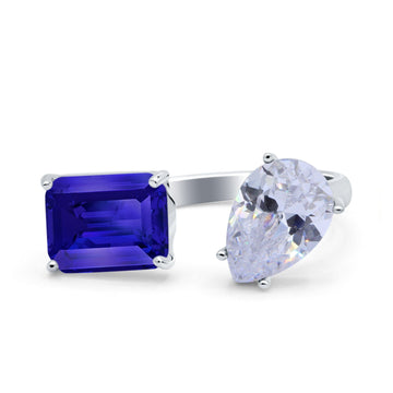 Open Teardrop Pear Emerald Cut Wedding Bridal Simulated Blue Sapphire CZ Cocktail Ring 925 Sterling Silver